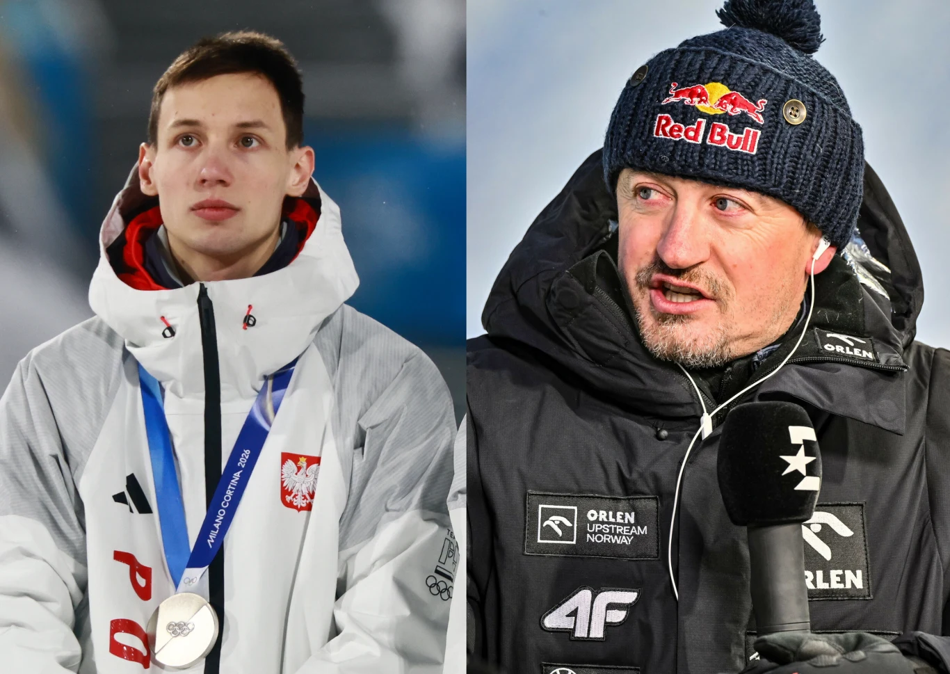 Dwóch mężczyzn w zimowych kurtkach polskiego zespołu sportowego, jeden z medalem na szyi, drugi w czapce z logo Red Bull i mikrofonem, udziela wywiadu na tle śnieżnego krajobrazu.