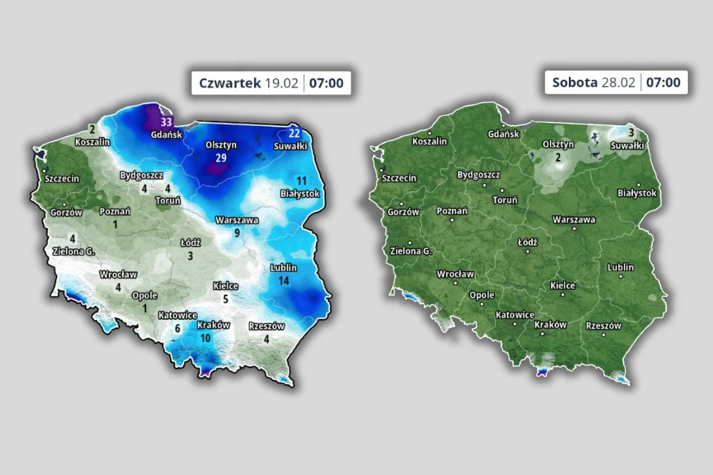 Mapa Polski z zaznaczonymi temperaturami dla różnych miast na tle gradientu kolorów prezentującego zmiany temperatur, po lewej stronie zaznaczone ujemne wartości kolorami niebieskimi i fioletowymi, po prawej łagodne, jednolite tło bez oznak mrozu.