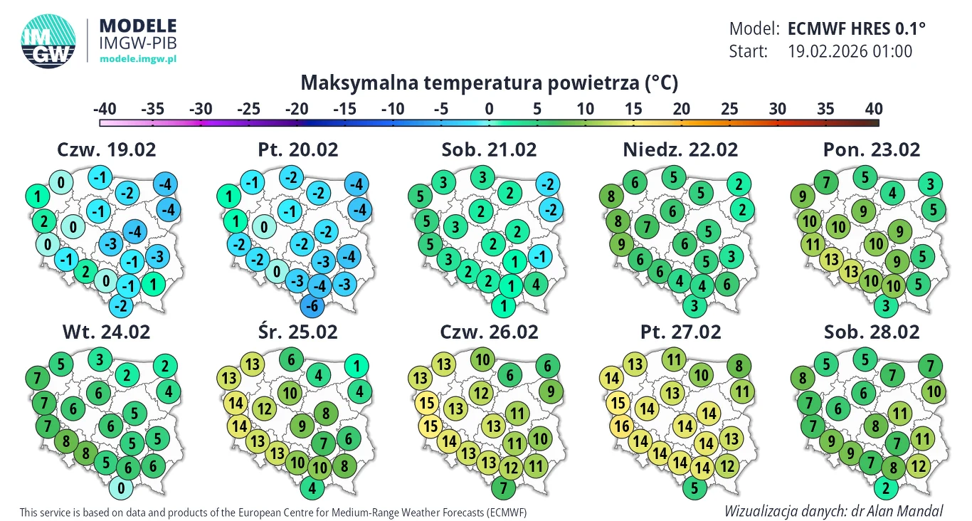Kolorowe mapy Polski przedstawiające prognozy maksymalnej temperatury powietrza na kolejne dni lutego. Na każdej mapie cyfry i kolory informują o spodziewanych wartościach temperatury, od lekkiego mrozu po kilkanaście stopni Celsjusza.