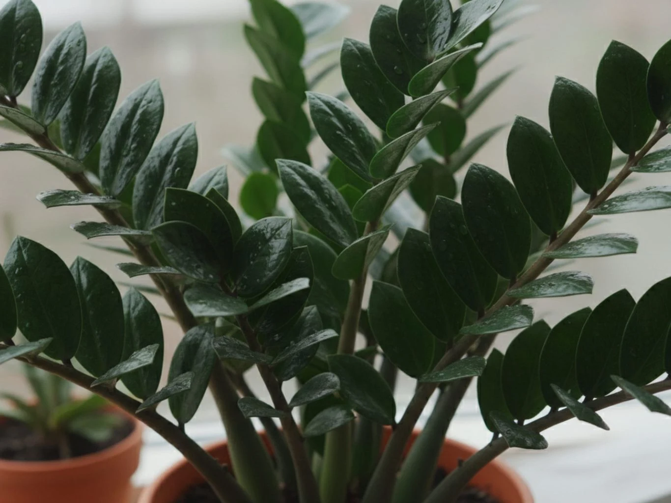 Lśniące i gładkie pędy to znak rozpoznawczy zamiokulkasa. Duża doniczka z zielonymi, błyszczącymi liśćmi zamiokulkasa, stojąca na tle jasnego okna. W tle widoczna druga, mniejsza roślina doniczkowa.