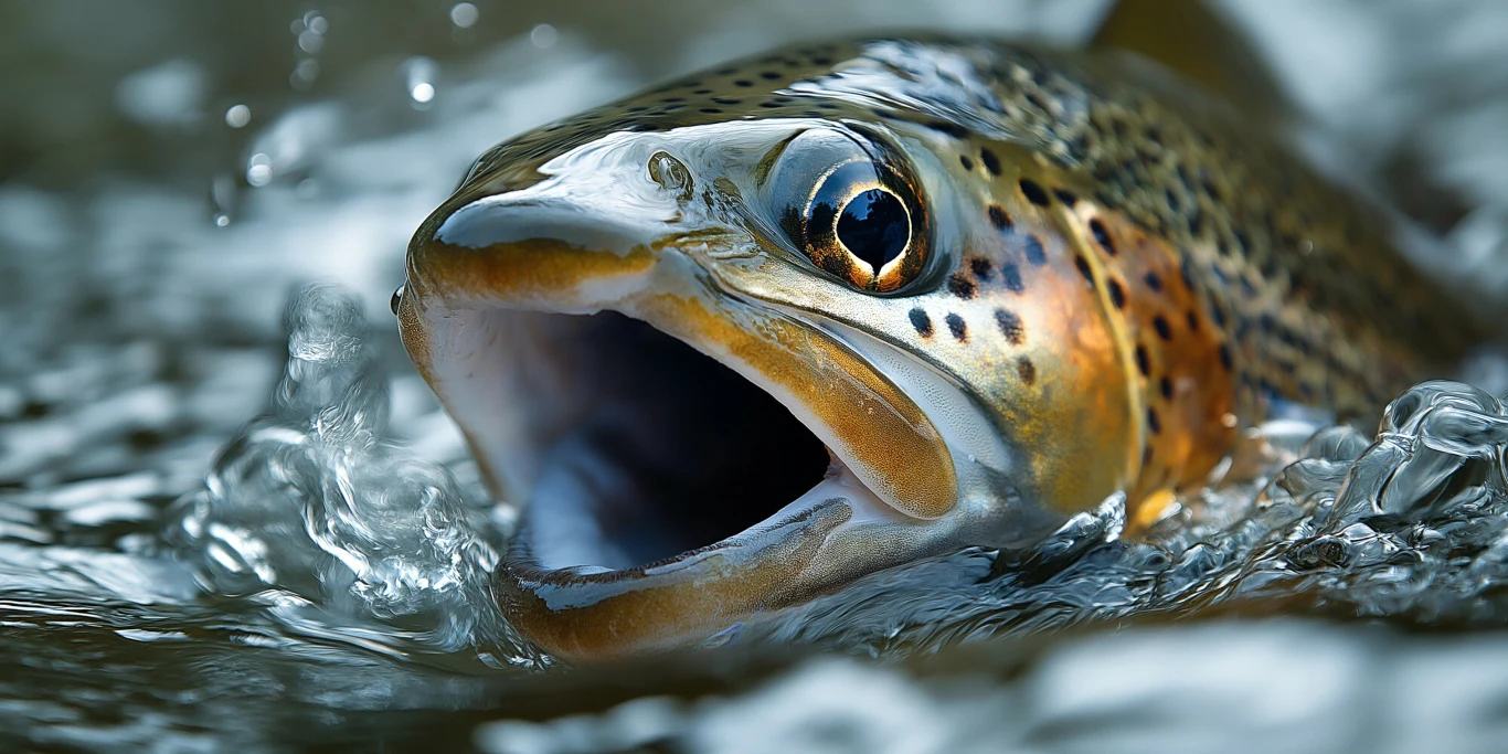 Łososie płyną na tarło w górę rzek Pstrąg wyskakujący z wody z szeroko otwartym pyskiem, wyraźnie widoczne szczegóły łusek oraz dynamiczny ruch fal wody.