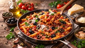 Makaron penne z sosem pomidorowym, oliwkami i boczkiem na patelni