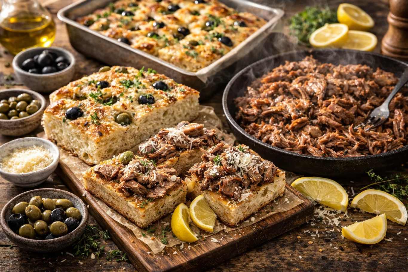 Focaccia z szarpaną karkówką na stole