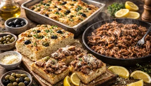 Focaccia z szarpaną karkówką na stole