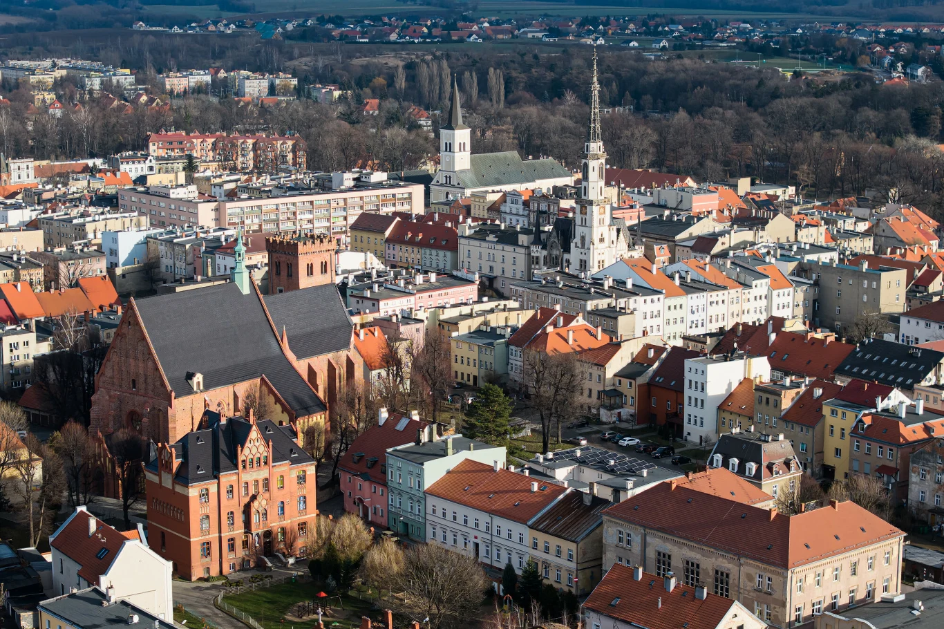 Dolnośląskie miasto pełne jest zagadkowych opowieści Widok na miasto z lotu ptaka z widoczną dużą ceglaną katedrą, charakterystycznym białym ratuszem z wieżą i otaczającymi je kamienicami o czerwonych dachach; w tle widać rozległe tereny zielone i dalszą zabudowę miejską.