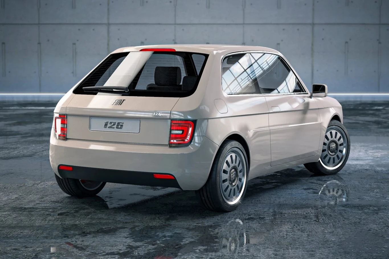 Nowoczesny samochód w jasnym kolorze zaparkowany na betonowej powierzchni, na tle industrialnej, betonowej ściany. Z tyłu widoczne logo producenta oraz napis 126, wskazujący na model pojazdu. Wyraźne reflektory i eleganckie linie nadwozia podkreślają n...