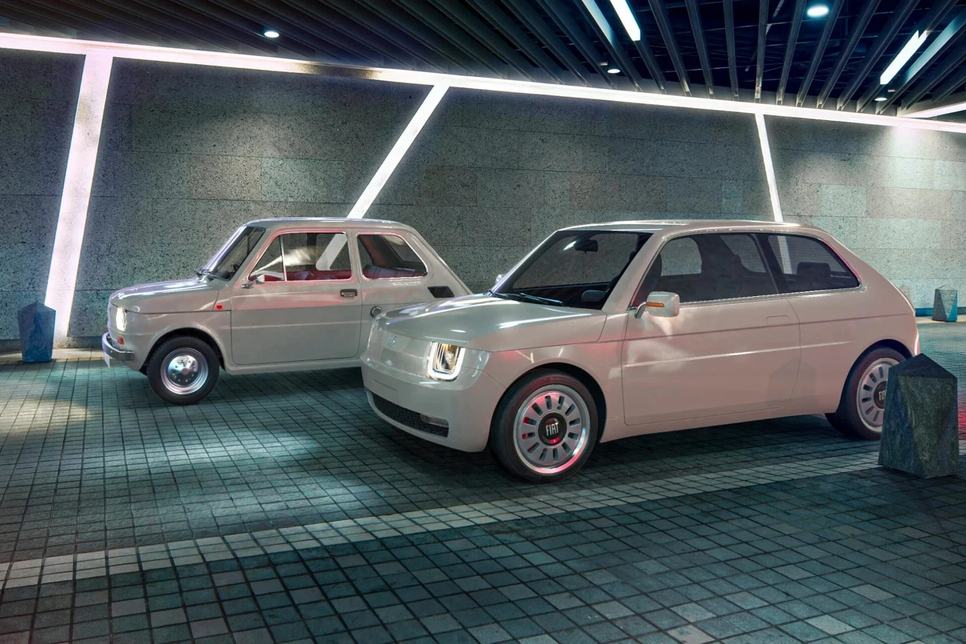 Dwa małe samochody osobowe ustawione obok siebie w futurystycznym, dobrze oświetlonym garażu podziemnym. Jeden samochód w stylu retro, drugi z nowoczesnym, minimalistycznym designem. Kontrast pomiędzy klasyczną sylwetką a nowoczesną linią nadwozia podk...