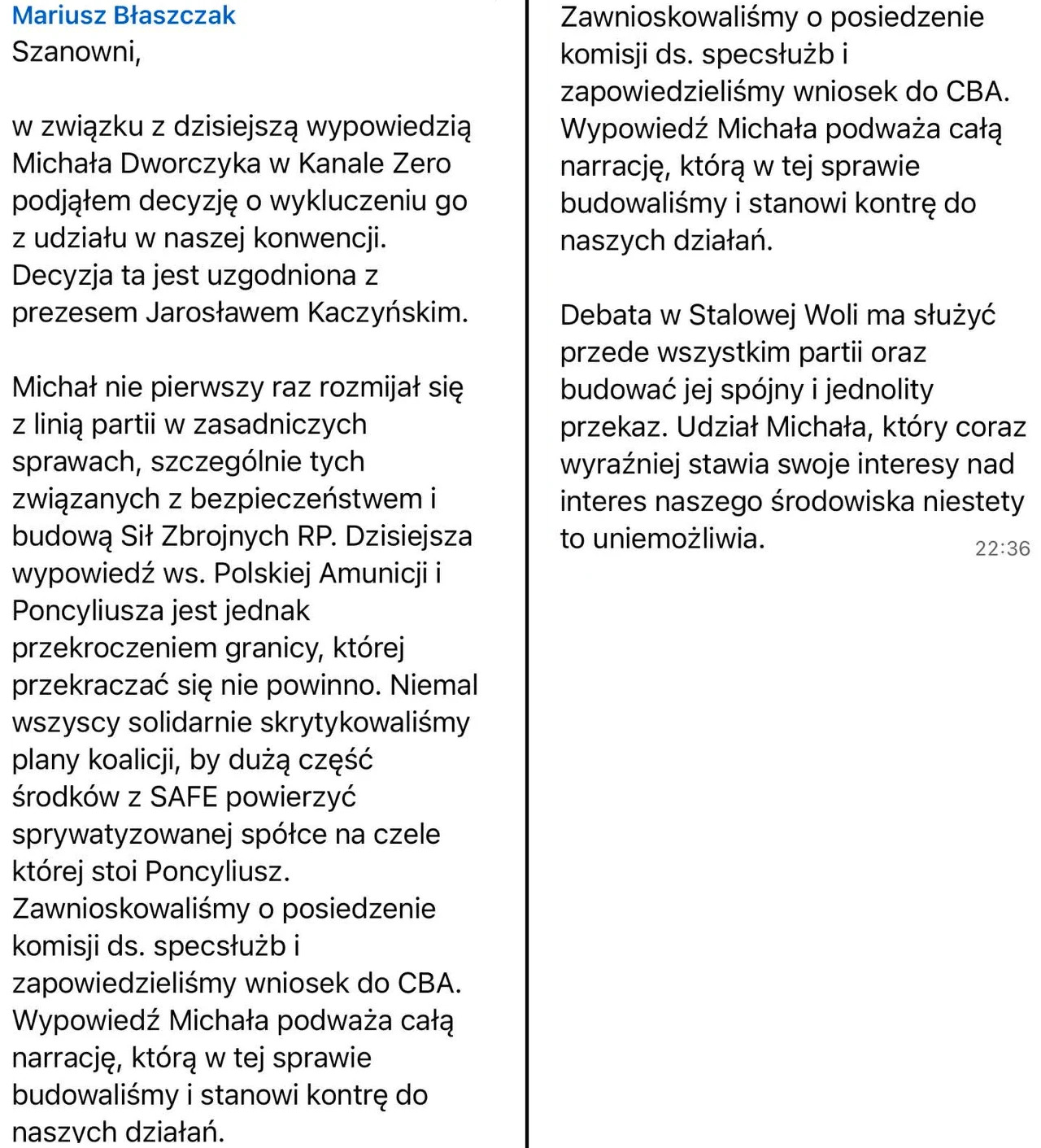 Oficjalny komunikat polityczny dotyczący decyzji o wykluczeniu członka partii po kontrowersyjnych wypowiedziach, podkreślenie kwestii lojalności wobec partii i działań na rzecz jej spójności oraz zapowiedź kroków prawnych.