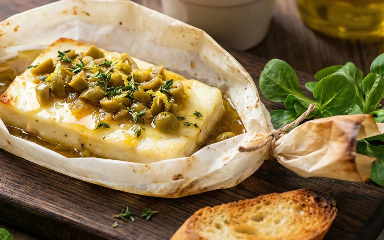 Pieczony ser halloumi – z oliwkami, miodem i tymiankiem