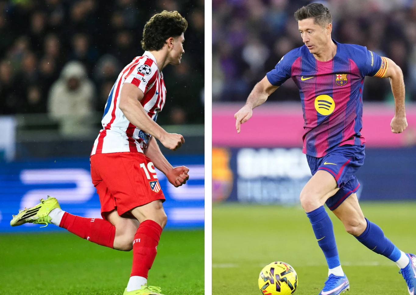 Dwóch piłkarzy w trakcie gry na boisku, każdy ubrany w strój swojego klubu – jeden w biało-czerwone pasy, drugi w granatowo-bordowy komplet, obaj skupieni na piłce.