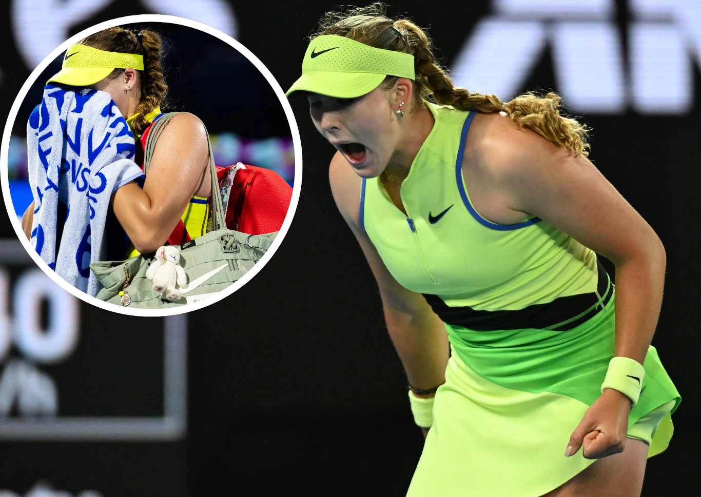 Mirra Andriejewa znów wpadła w szał Tenisistka ubrana w żółto-zielony strój sportowy wyraża silne emocje podczas meczu, na drugim planie widoczny okrągły kadr z tą samą zawodniczką ukrytą za ręcznikiem oraz torbą sportową.