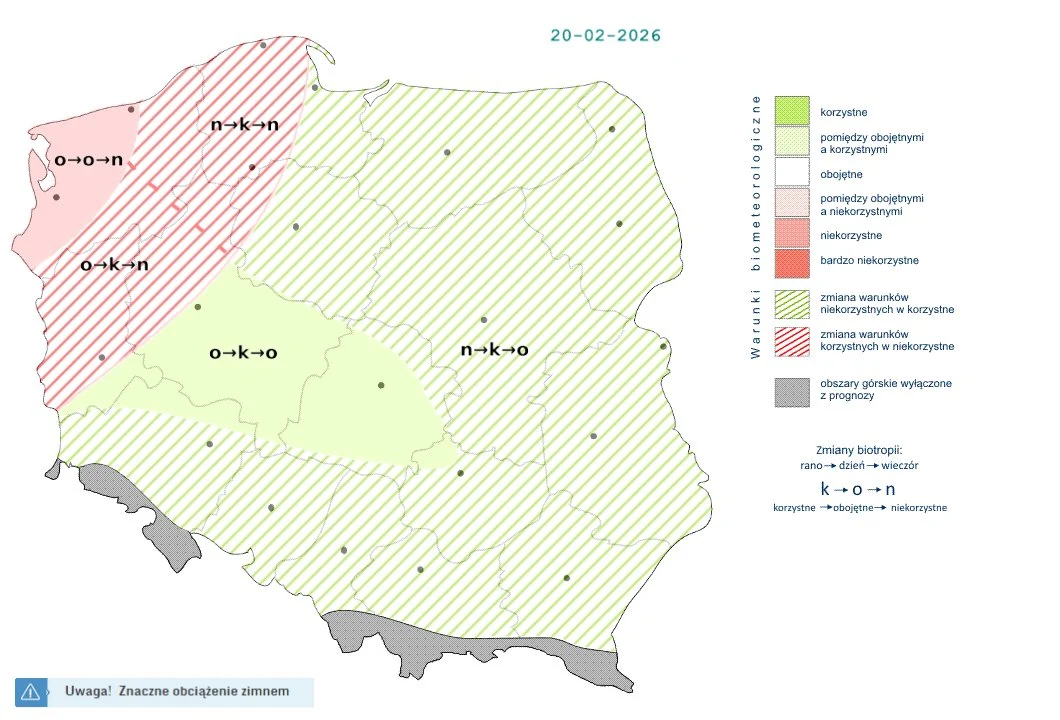 Mapa Polski z zaznaczonymi strefami o różnym stopniu korzystności biologicznej, przedstawiająca zmiany w bioaktywności na konkretny dzień. Legenda z wyjaśnieniami symboli i kolorów, zaznaczone regiony korzystne i niekorzystne, w lewym dolnym rogu ostrz...