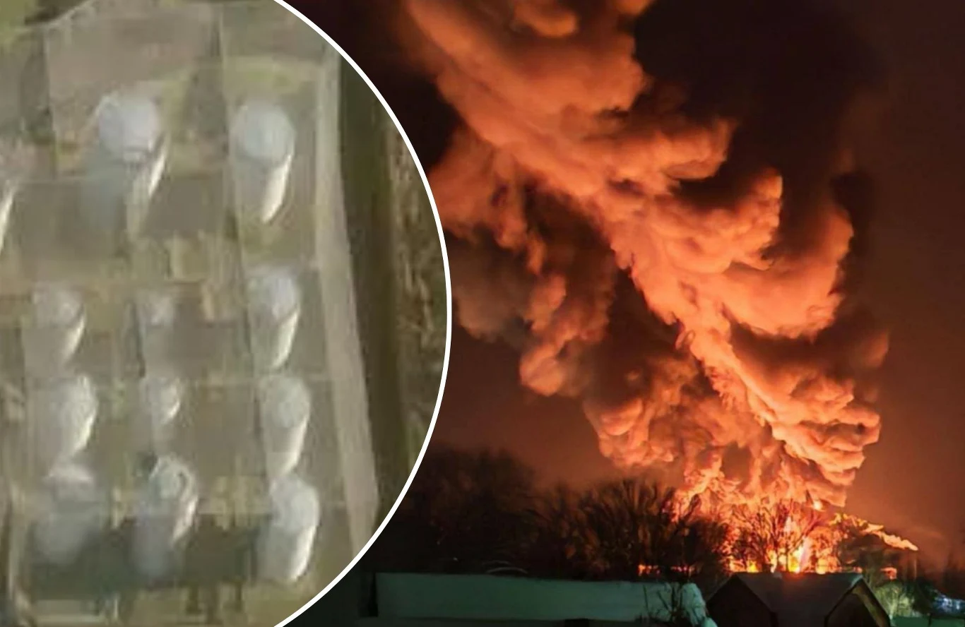 Rosjanie umieścili na zbiornikami z paliwem specjalne siatki, które miały chronić przed dronami Wielki pożar przemysłowy z intensywnie unoszącymi się chmurami dymu oraz zbiorniki magazynowe widoczne w zbliżeniu po lewej stronie kadru.