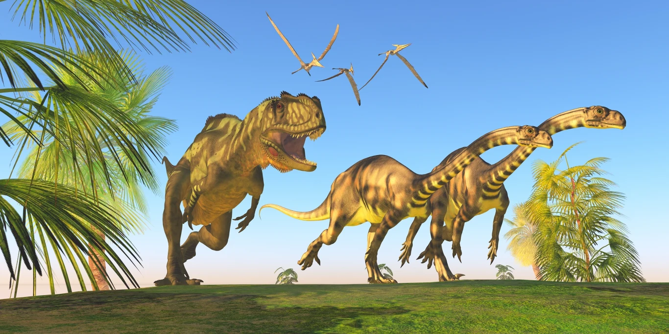 Jangczuanozaur atakujący dwa masospondyle. To przodkowie zauropodów Tyranozaur goni dwa roślinożerne dinozaury na zielonym wzniesieniu, w tle latają prehistoryczne pterozaury, jasne niebo oraz tropikalne rośliny nadają scenie prehistoryczny charakter.