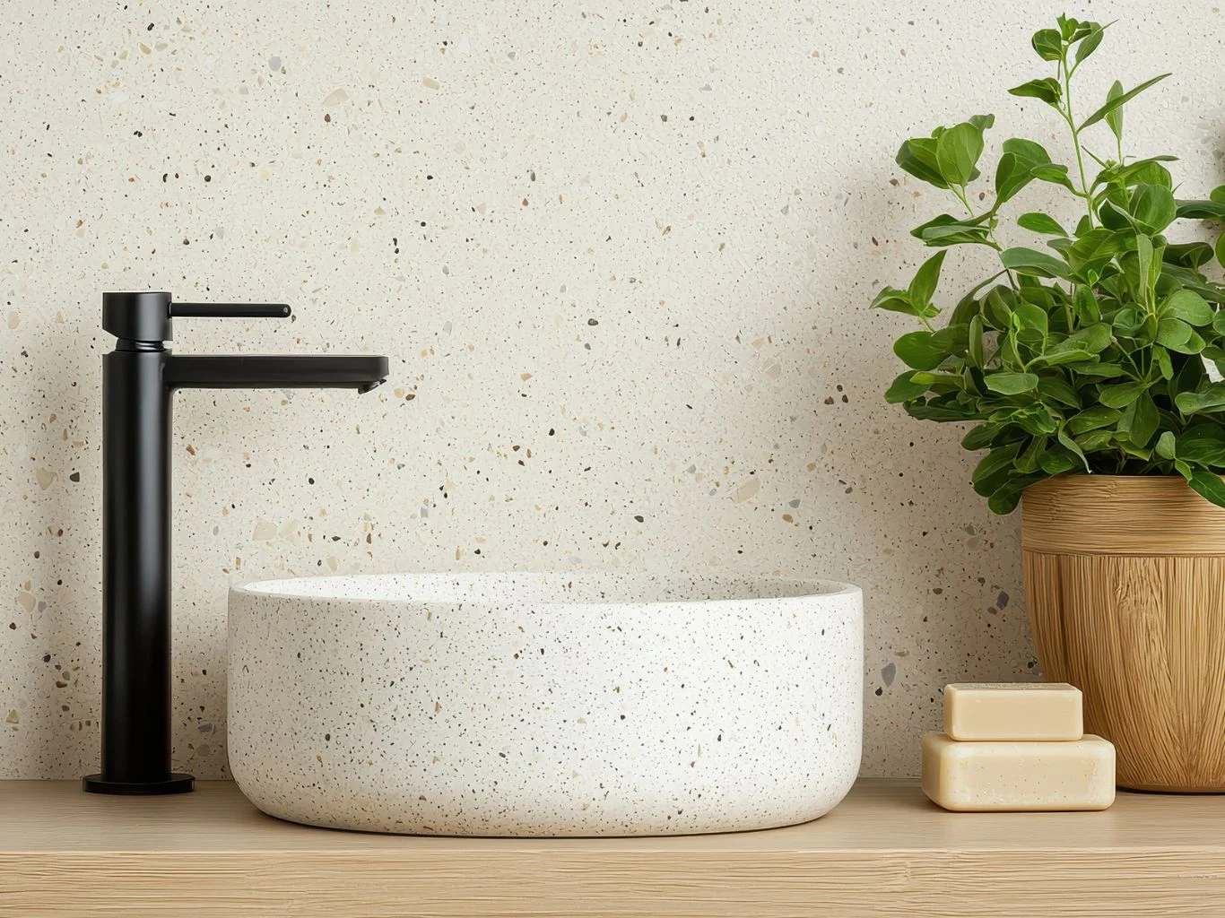 Czarna bateria umywalkowa, okrągła umywalka z jasnego lastryka, dwa mydła oraz doniczka z zieloną rośliną ustawione na drewnianym blacie.