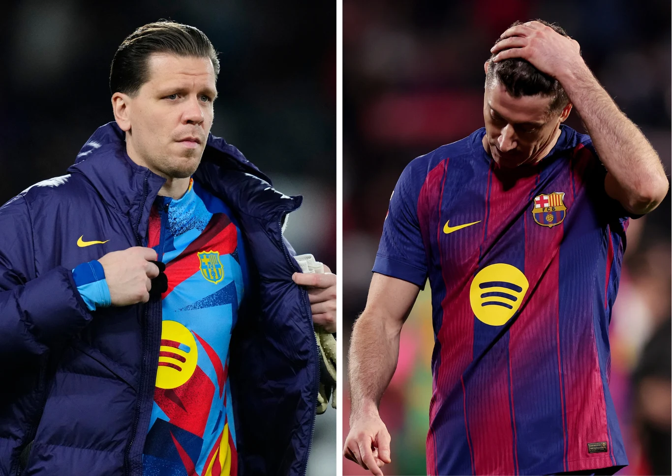 Dwóch piłkarzy w strojach FC Barcelona, jeden z nich poprawia kurtkę i patrzy z powagą w bok, drugi dotyka głowy w geście rozżalenia lub zamyślenia, obaj znajdują się na boisku.