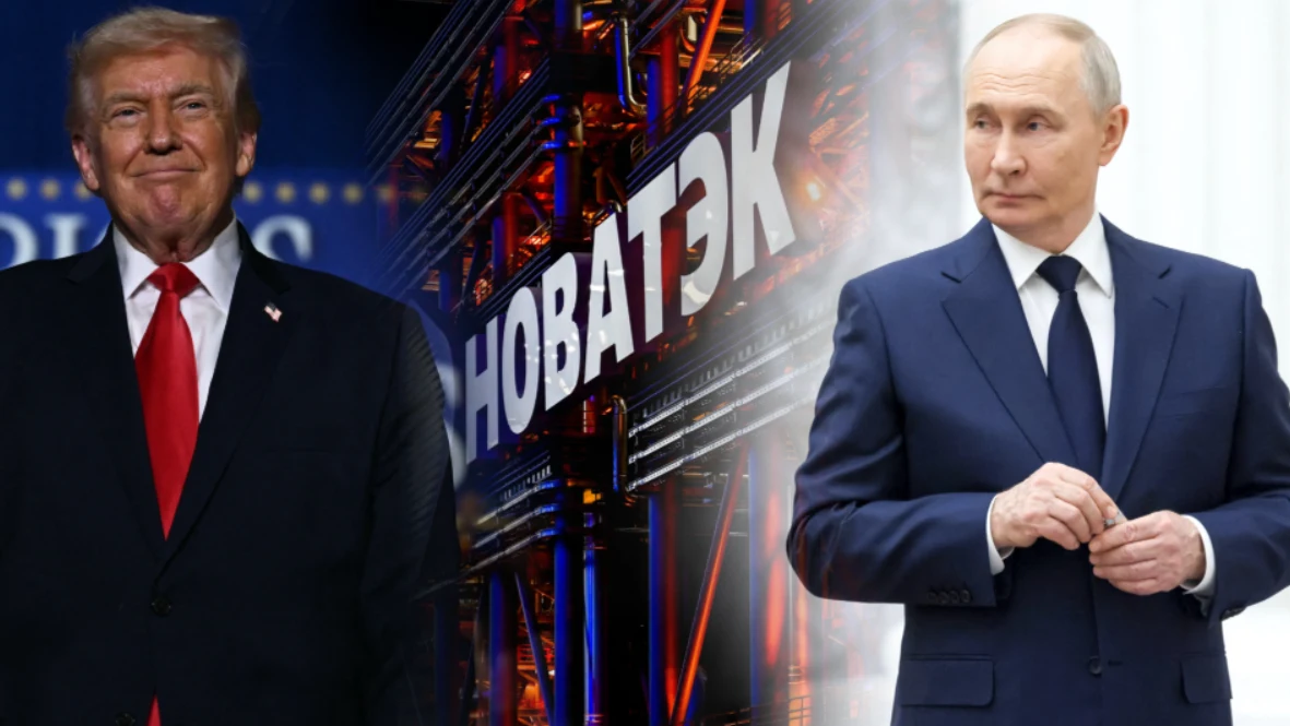 "New York Times": Sojusznik Trumpa nawiązał współpracę z rosyjskim Novatekiem. Zdj. ilustracyjne Donald Trump i Władimir Putin na tle konstrukcji przemysłowej z widocznym napisem Nowatek, odzwierciedlającym rosyjską firmę gazową. Po lewej stronie elegancko ubrany Trump, po prawej Putin w garniturze, obaj w oficjalnej pozie.