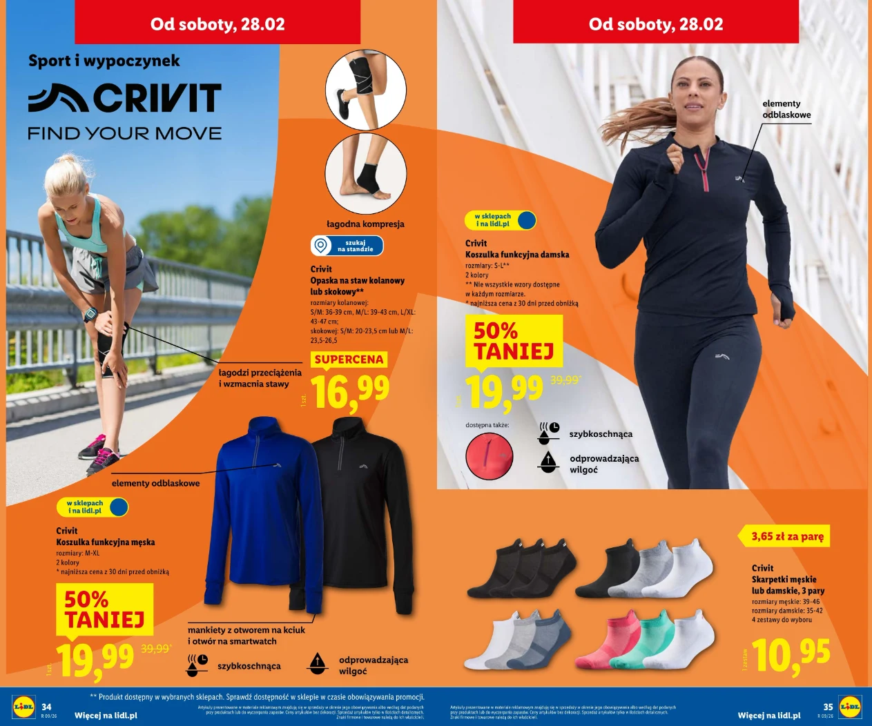 Odzież sportowa Crivit – koszulki, opaski i skarpetki – źródło: gazetka Lidl „Sport i wypoczynek”, str. 34–35 (oferta ważna do 28.02)