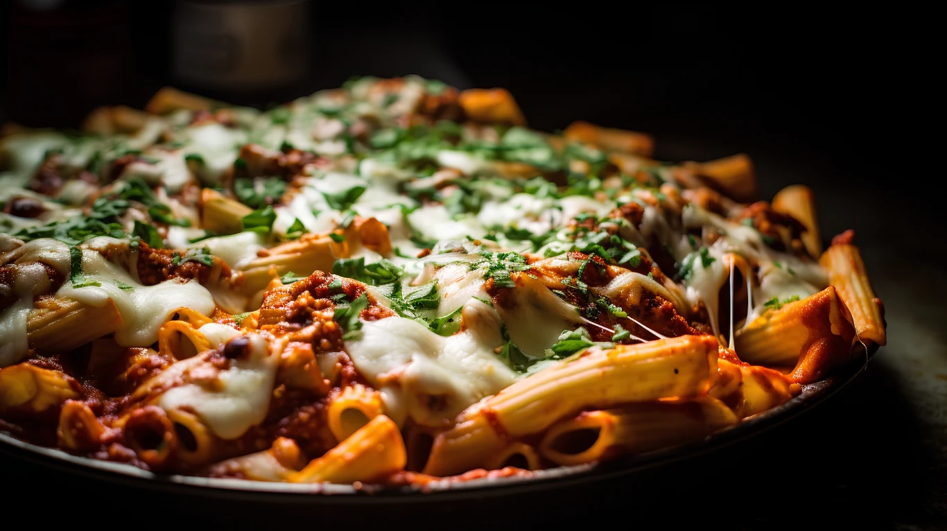 Makaron penne zapiekany z sosem pomidorowym, mielonym mięsem oraz rozpuszczonym serem, całość posypana świeżą natką pietruszki.