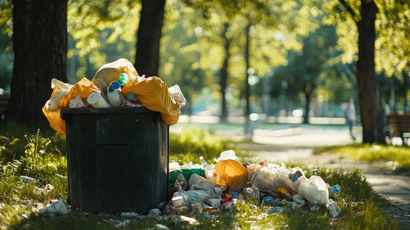 Przepełniony kosz na śmieci w miejskim parku, wokół rozrzucone plastikowe butelki, opakowania i torby, otoczony zielenią i drzewami w słoneczny dzień.