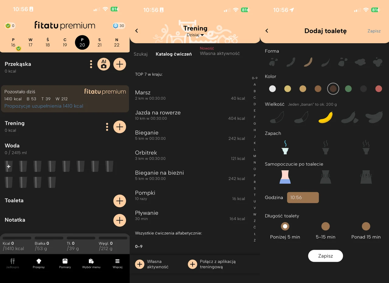 Segment trening, woda, toaleta/zrzut ekranu z aplikacji Panel aplikacji do monitorowania aktywności fizycznej, spożywania posiłków, ilości wypitej wody, treningów oraz parametrów zdrowotnych, w tym rejestrowania wizyt w toalecie z możliwością szczegółowego opisu.