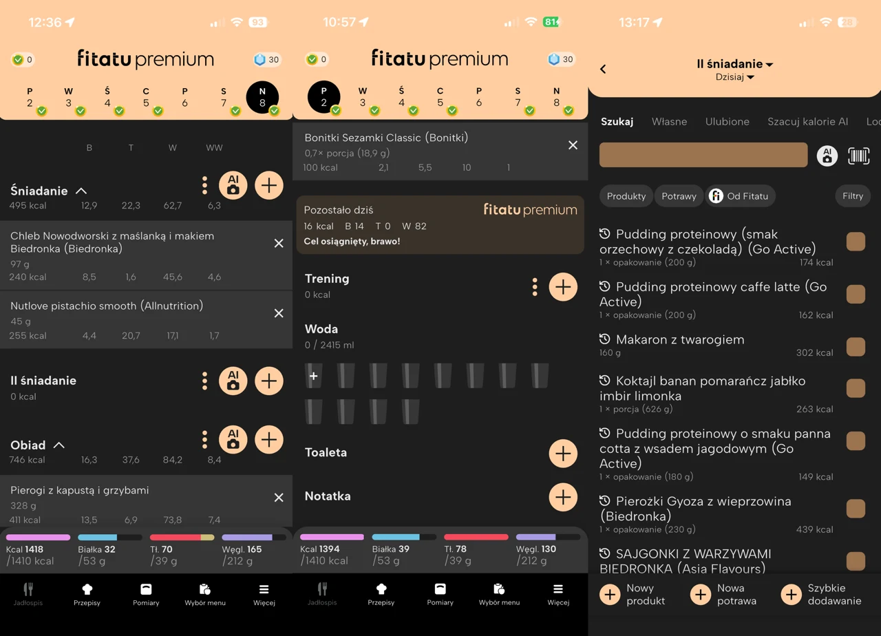 Jak wygląda wypełniony dzień? /zrzut ekranu aplikacja Fitatu Trzy ekrany aplikacji mobilnej do monitorowania diety, prezentujące wpisy dotyczące posiłków wraz z ich składnikami, wartościami odżywczymi, planem dnia, listą zaplanowanej aktywności fizycznej oraz propozycjami śniadań. Jasny i przejrzysty interfejs z...