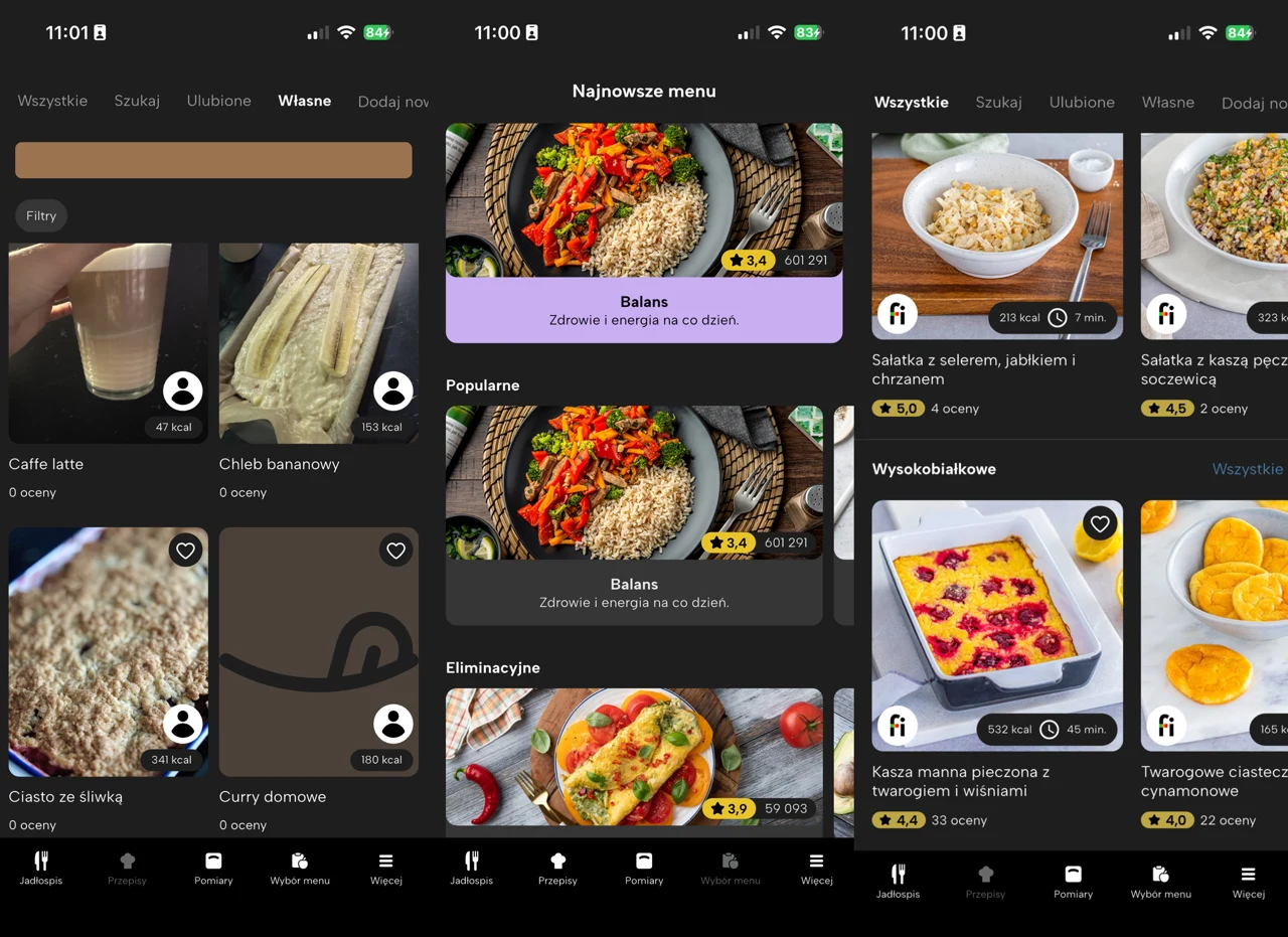 W apce dostępne są też przepisy dodawane przez innych użytkowników i nie tylko/zrzut ekranu Fitatu Ekran aplikacji mobilnej prezentujący różnorodne przepisy kulinarne z kolorowymi zdjęciami dań takich jak kasza, sałatka, ciasto oraz napoje. Menu podzielone na kategorie, umożliwiające przegląd i wybór posiłków.
