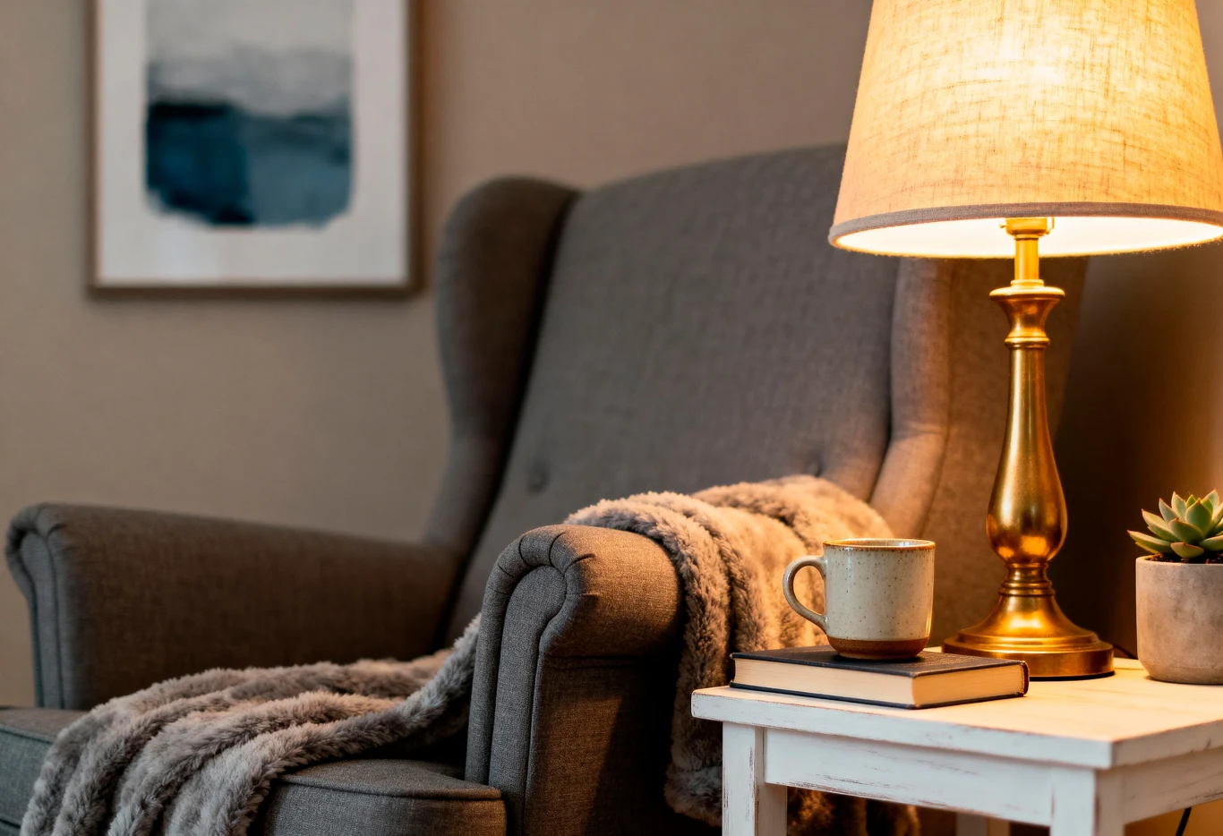 Szary fotel z podłokietnikami, na którym leży miękki koc, obok stoi stolik z lampą, kubkiem, książką oraz małą sukulentą, w tle widoczne fragmenty obrazu na ścianie.
