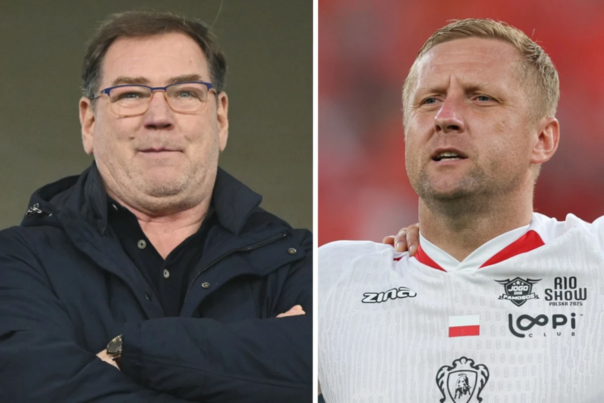 Jan Urban, Kamil Glik Dwóch mężczyzn zestawionych obok siebie, po lewej stronie osoba starsza w okularach i ciemnej kurtce z założonymi ramionami, po prawej mężczyzna w stroju sportowym z białą koszulką i emblematami, tło rozmyte.
