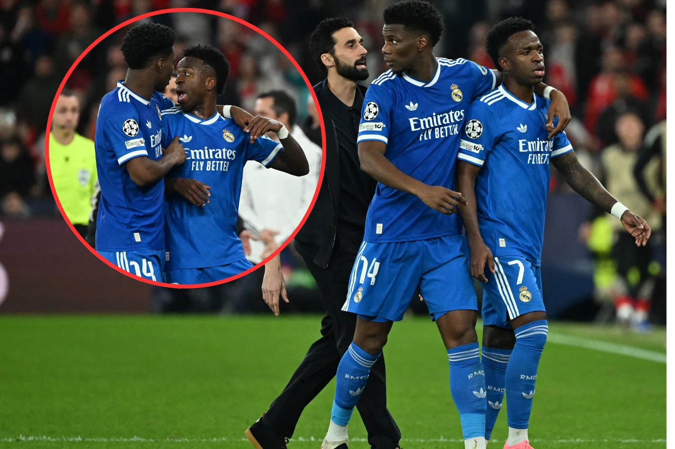 Vinicius strzelił bramkę w starciu z Benfiką, ale dobrych wspomnien z Portugalii mieć nie będzie Trzech piłkarzy drużyny Realu Madryt ubranych w niebieskie stroje stoi na boisku, dwaj z nich są zaangażowani w rozmowę z wyraźną ekspresją twarzy, w tle widoczna postać w czarnym ubraniu, a na trybunach rozmyta publiczność.