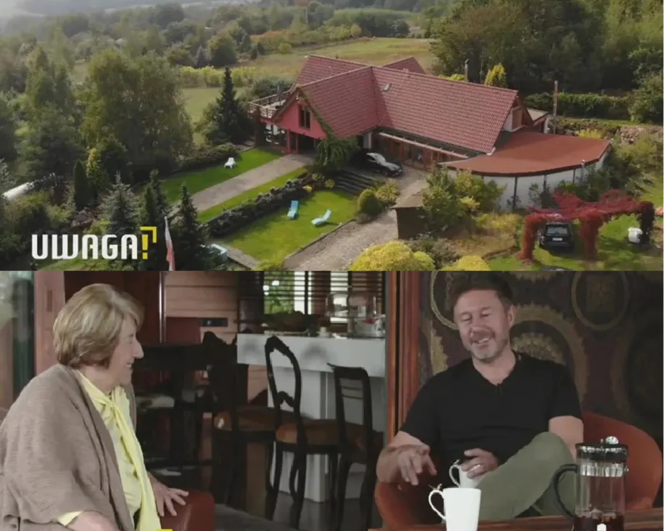 Widok domku jednorodzinnego otoczonego zielenią, w tle rozciąga się pagórkowaty krajobraz. W dolnej części zdjęcia dwoje ludzi siedzi w salonie podczas rozmowy, na pierwszym planie filiżanka i zaparzacz do kawy.