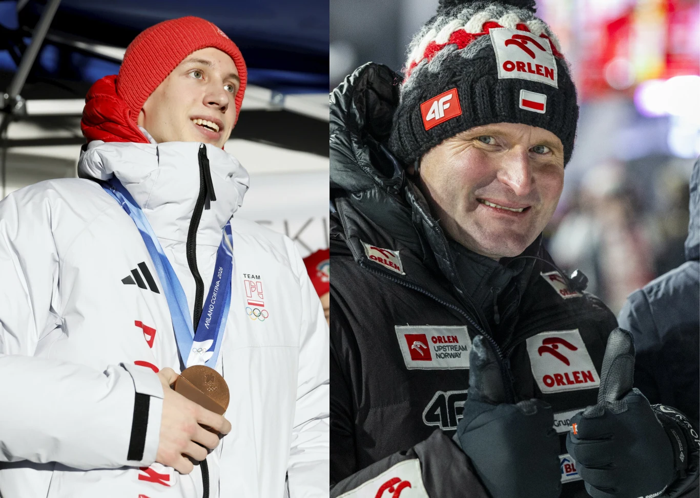 Skoki narciarskie. Na zdjęciu Kacper Tomasiak i trener Maciej Maciusiak Młody sportowiec ubrany w biały strój z czerwonym czapką oraz medalem na szyi, obok niego trener w sportowej kurtce z logotypami sponsorów i polską flagą na czapce, obaj uśmiechnięci, najwyraźniej świętujący sukces.