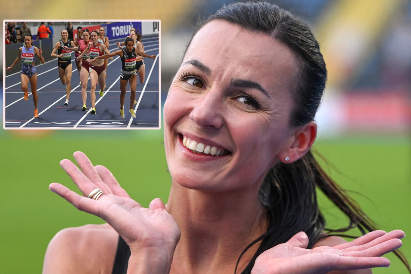 Anna Wielgosz jako trzecia Polka "złamała" barierę 2 minut w halowym biegu na 800 metrów Uśmiechnięta kobieta z uniesionymi rękami na pierwszym planie, w tle wstawka z finiszem biegu lekkoatletycznego kobiet na stadionie, zawodniczki przekraczają linię mety.