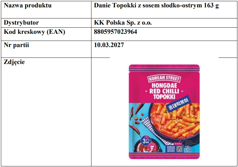 Sieć Auchan wycofuje ze sprzedaży jedno z gotowych dań Opakowanie różowego koloru z napisem 'Korean Street Hongdae Red Chilli Topokki', graficzne przedstawienie porcji topokki w czerwonym sosie wraz z pałeczkami oraz papryczkami, informacja o czasie przygotowania i gramaturze na froncie.