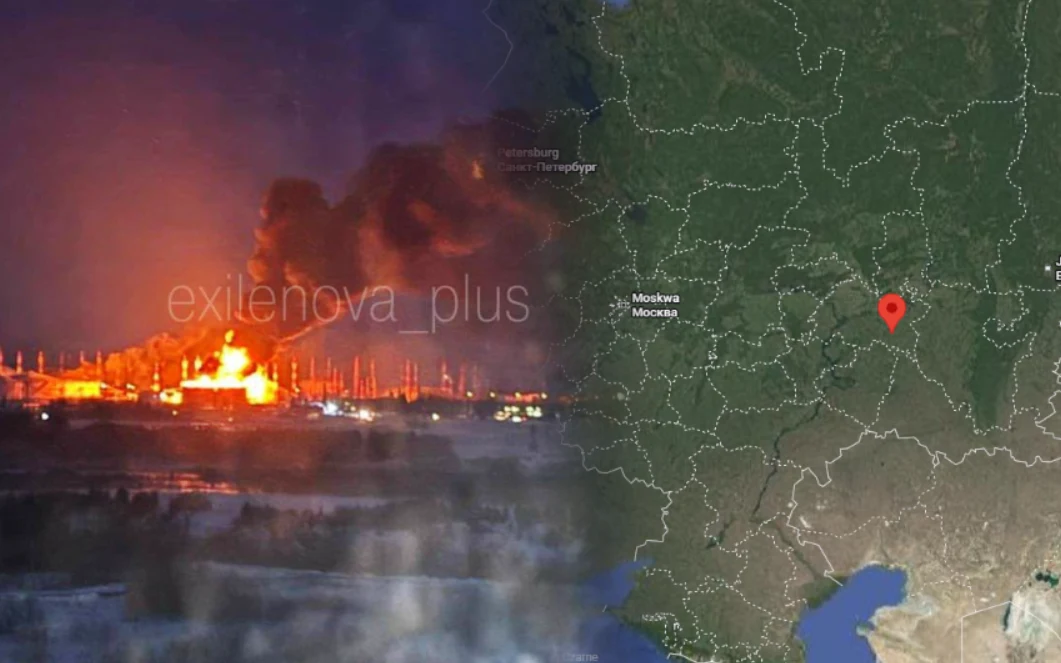 Atak na przepompownię ropy w Kaleikinie w Tatarstanie. Rosyjski punkt strategiczny uszkodzony Pożar zakładu przemysłowego w nocy z intensywnym ogniem i kłębiącym się dymem po lewej stronie oraz widok mapy satelitarnej z oznaczoną lokalizacją po prawej stronie.