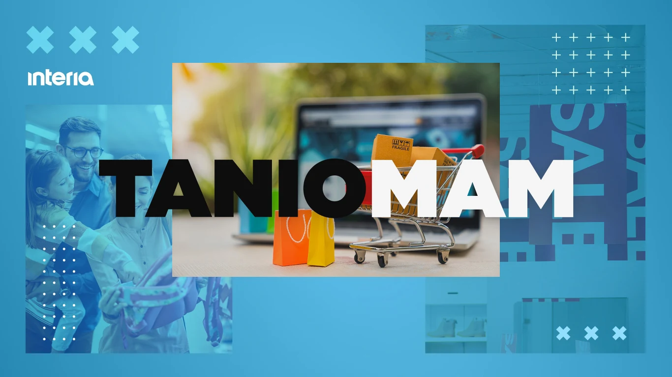 Redakcja Taniomam Kolorowa grafika z napisem TANIO MAM na tle miniaturowego wózka sklepowego z torbami zakupowymi, w tle widoczny rozmyty ekran laptopa oraz elementy graficzne sugerujące promocje i zakupy online.