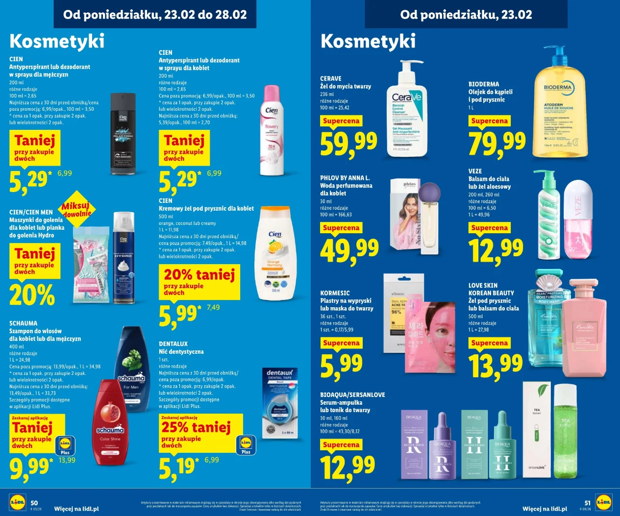 Promocja na kosmetyki w Lidlu – źródło: gazetka Lidl „Kosmetyki”, str. 50–51 (oferta ważna 23.02–28.02)