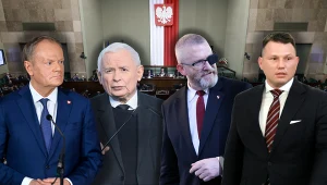 Od lewej: Donald Tusk, Jarosław Kaczyński, Grzegorz Braun, Sławomir Mentzen 