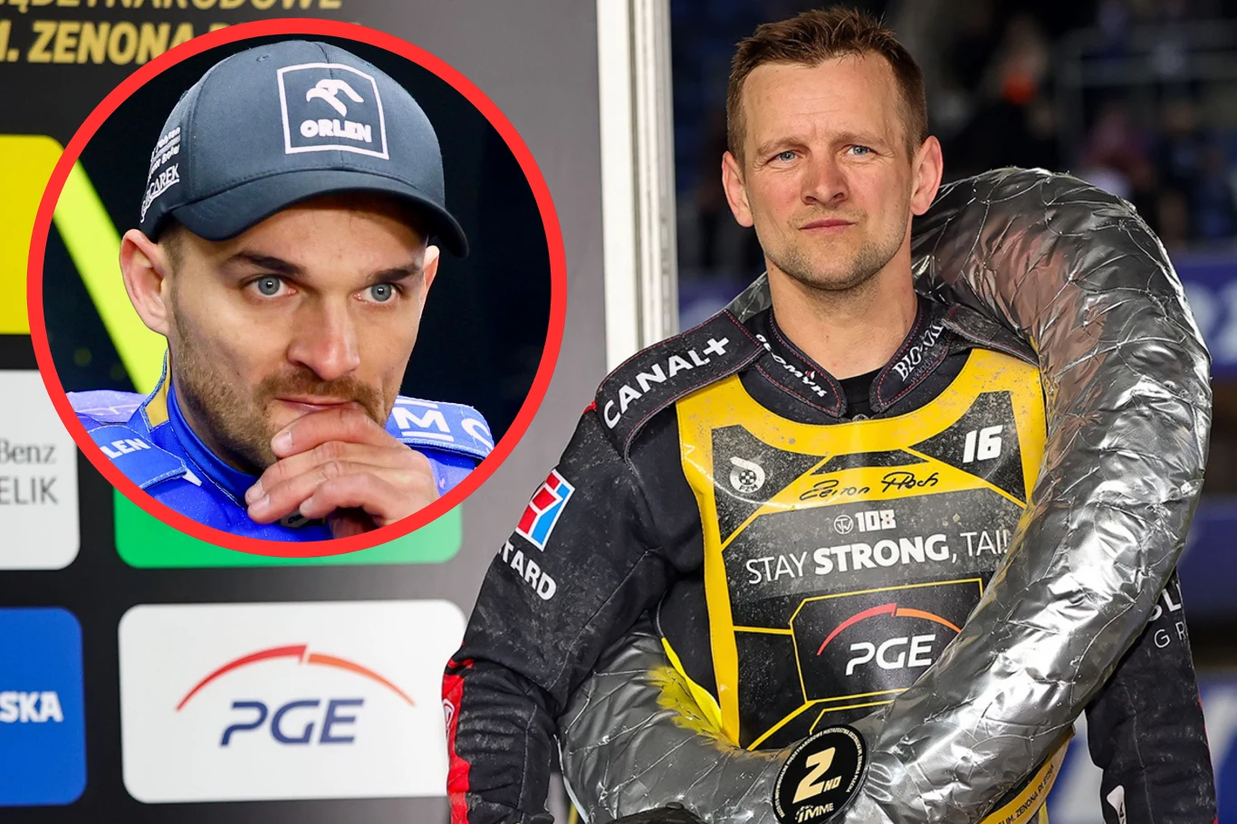 Znamy listę startową IMME w Łodzi i ceny biletów Dwóch żużlowców, jeden z nich stoi w kurtce z oznaczeniami sponsorów oraz srebrnym wieńcem na ramieniu, a drugi znajduje się na okręgu w lewym górnym rogu, skupiony, w sportowej czapce.