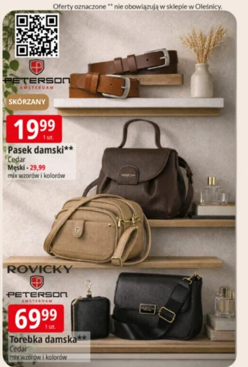 Torebki Rovicky i Peterson w promocji w E.Leclerc – oferta ważna od 24.02 do 7.03. Źródło: gazetka E.Leclerc, str. 24.
