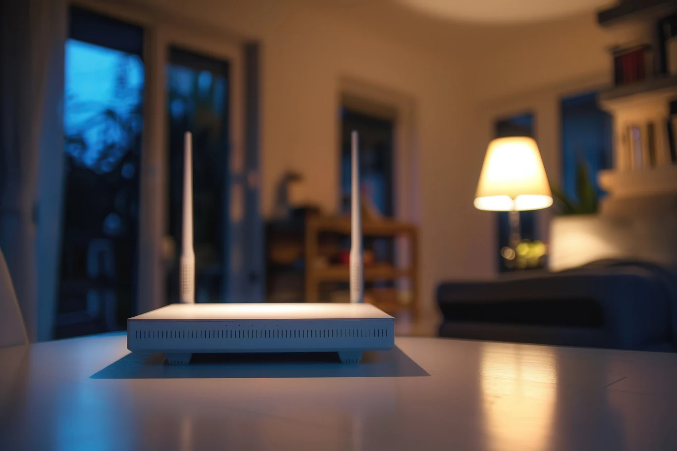 Nowoczesny router Wi-Fi z dwiema antenami stoi na stole w dobrze oświetlonym, przytulnym pokoju dziennym, w tle widoczne są okna, kanapa oraz zapalona lampa.