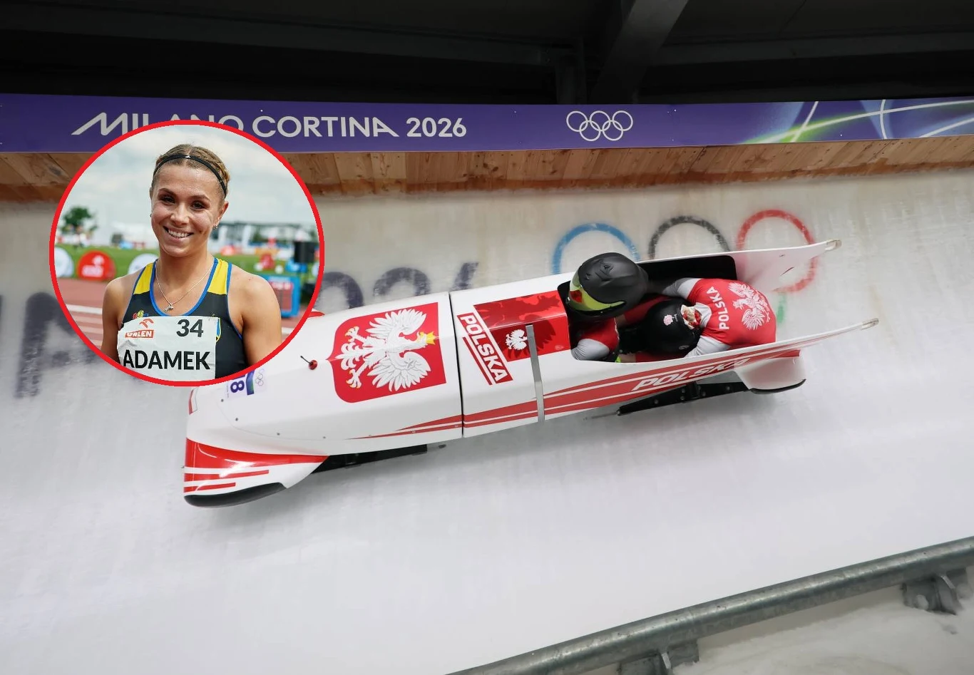 Klaudia Adamek przeszła do historii polskiego sportu Polska załoga bobslejowa w czerwono-białym bobsleju z orłem, zjeżdża po lodowym torze ozdobionym olimpijskimi pierścieniami i napisem Milano Cortina 2026, w rogu kolaż z uśmiechniętą sportsmenką w stroju lekkoatletycznym z napisem Adamek i numerem 34.
