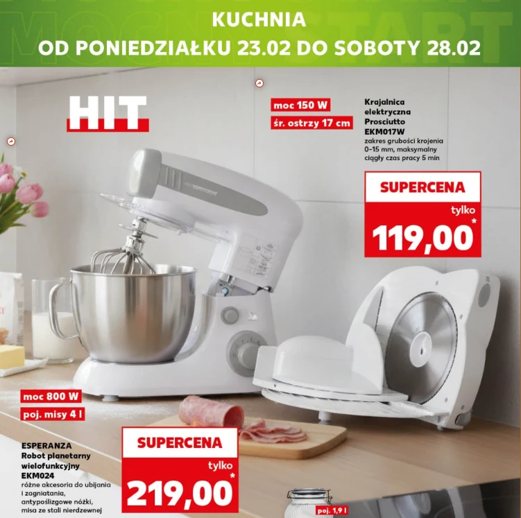 Robot planetarny Esperanza EKM024 i krajalnica elektrycznaw promocji - źródło: gazetka Kaufland, str. 16 (oferta ważna do 28.02)