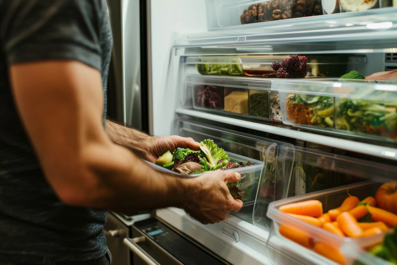 Mężczyzna wkłada plastikowe pudełko z warzywami do lodówki, wewnątrz widać ułożone świeże produkty, takie jak marchewki, brokuły i zielenina.
