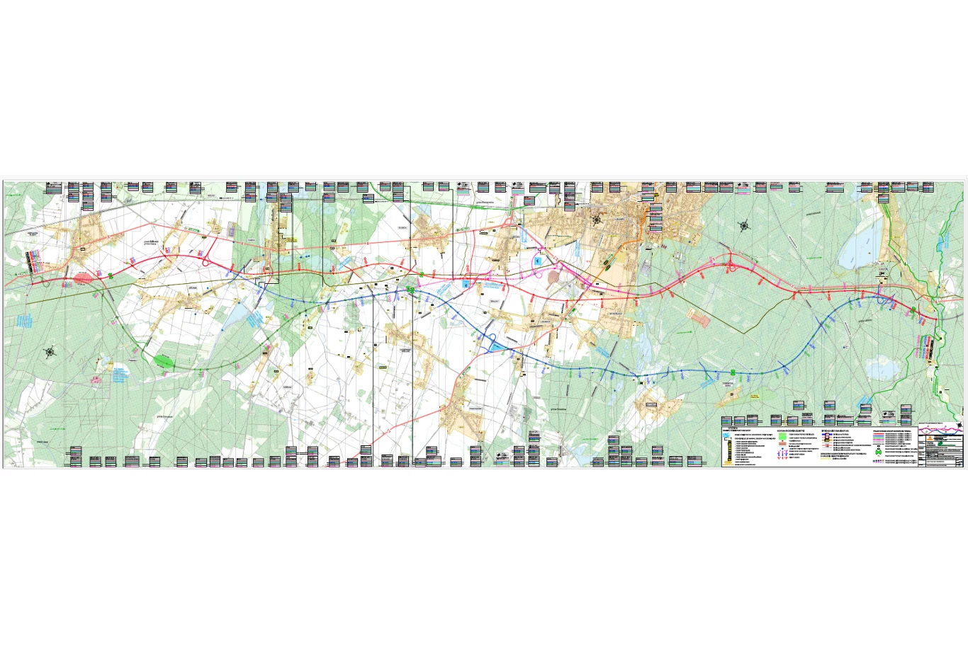 Szczegółowa mapa topograficzna z wyrysowaną trasą przebiegu instalacji liniowej, oznaczeniami dróg, sieci infrastruktury i terenów leśnych oraz zabudowań miejskich i wiejskich.