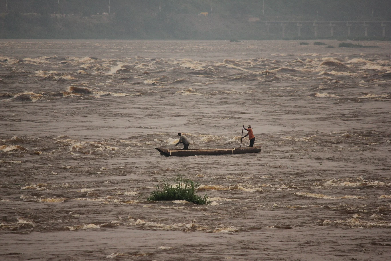 Badania w Kotlinie Konga przyniosły nowe odkrycie. Zdj. poglądowe. Dwóch mężczyzn na małej łodzi wiosłuje przez wzburzoną, szeroką rzekę, otoczeni silnym nurtem i falami. Przez środek koryta przepływa niewielka kępka roślin.