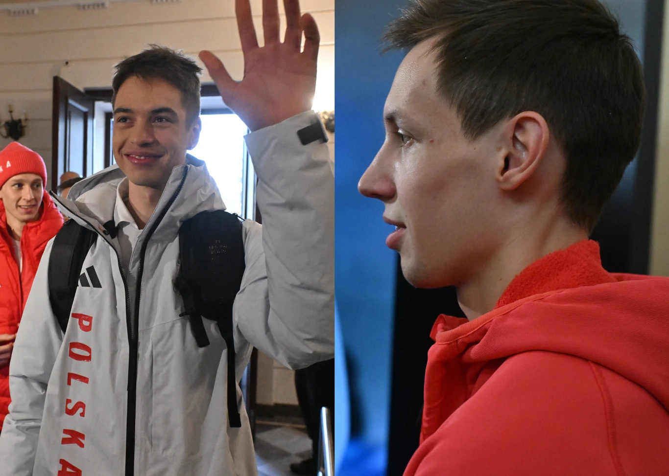Paweł Wąsek, Władimir Semirunnij oraz Kacper Tomasiak podczas wizyty w Ministerstwie Sportu i Turystyki Młody mężczyzna w białej kurtce z napisem 'Polska' i czarnym plecakiem macha ręką, obok profil tego samego mężczyzny w czerwonej bluzie, w tle inni sportowcy.
