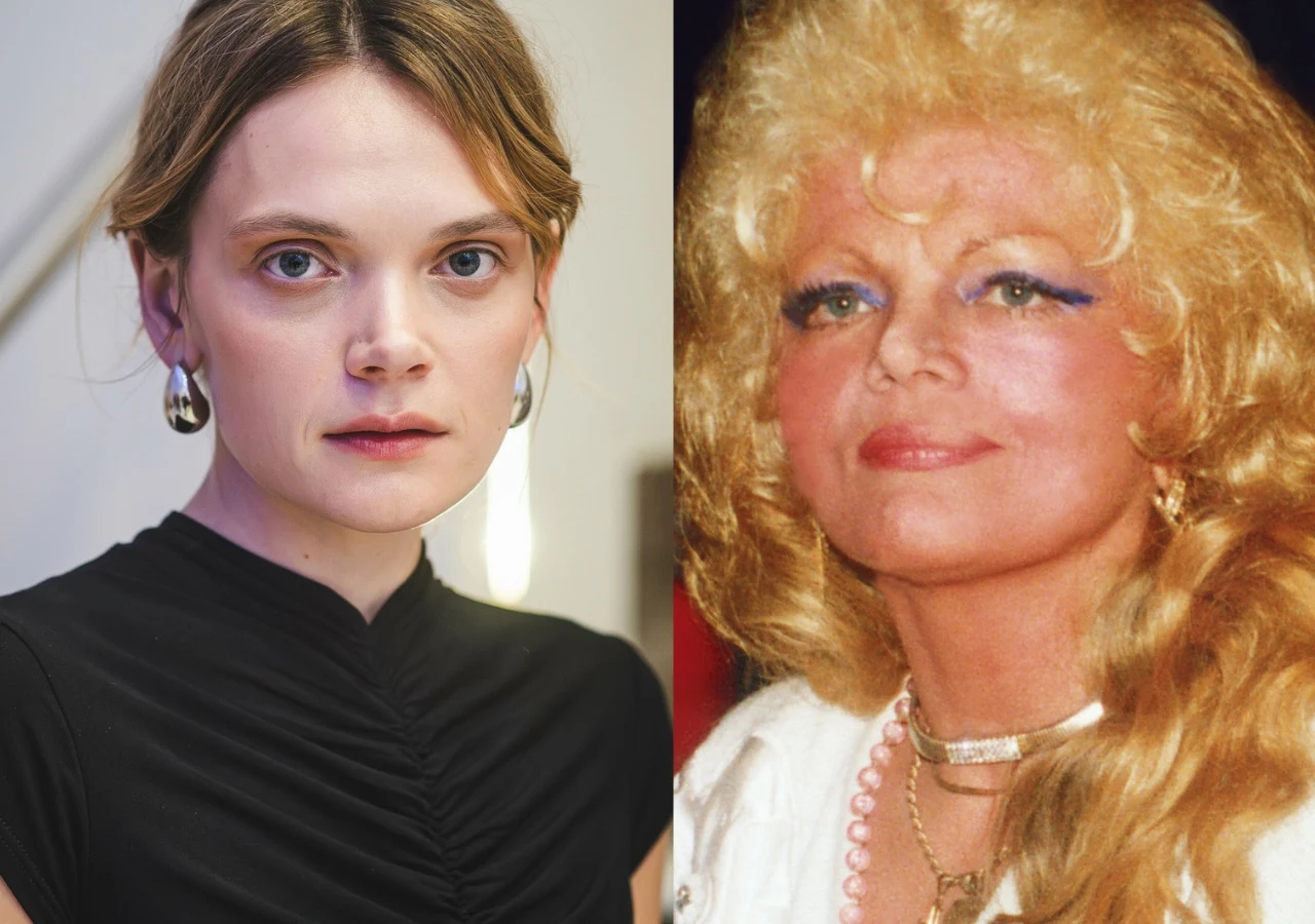 Sandra Drzymalska, Violetta Villas Dwa portrety kobiety, po lewej stronie młoda kobieta o jasnej cerze i prostej fryzurze, ubrana elegancko w ciemną bluzkę, po prawej kobieta z długimi blond włosami, mocnym makijażem, jasnymi ustami i elegancką biżuterią.