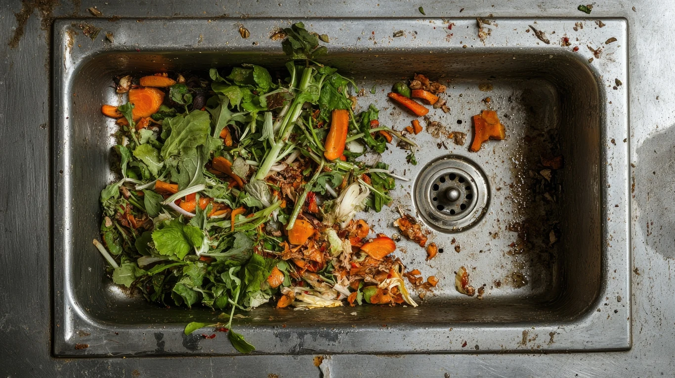 "Odpady kuchenne, nawet po rozdrobnieniu i zmieszaniu z wodą, nie przestają być odpadami stałymi w rozumieniu przepisów" Resztki warzyw i obierki znajdują się w metalowym zlewie kuchennym otoczonym śladami brudu i nieporządku.