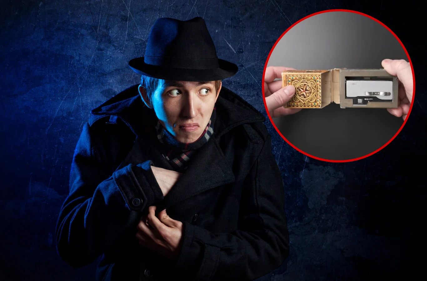 Radzieccy szpiedzy posługiwali się aparatem ukrytym w paczce papierosów. Zabytkowy sprzęt działa do tej pory Mężczyzna w ciemnym płaszczu i kapeluszu wyglądający na podejrzliwego lub przestraszonego, w tle okrągłe wstawka ukazująca otwarte pudełko z ukrytą elektroniczną skrytką.